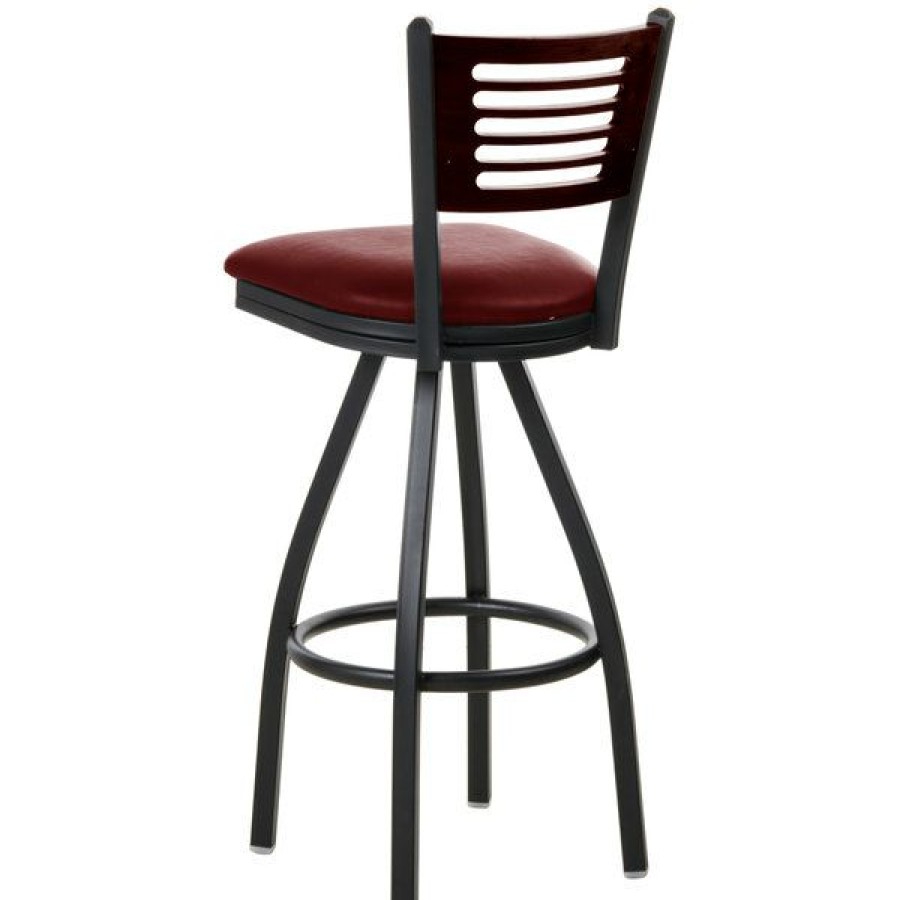 Restaurant Bar Stools * | Cheapest Bfm Seating 2151Sbuv-Wasb Espy Sand Black Metal Bar Height Chair With Walnut Wooden Back And 2 Burgundy Vinyl Swivel Seat