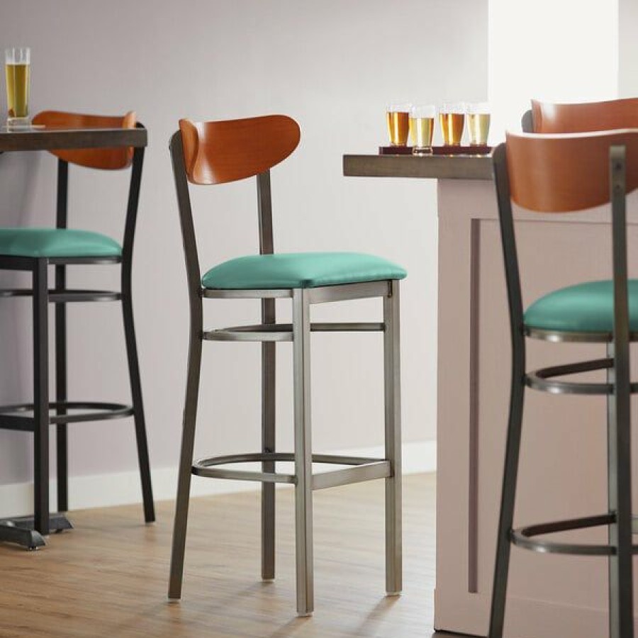 Restaurant Bar Stools * | Flash Sale Lt&S Boomerang Series Lancaster Table & Seating Boomerang Bar Height Clear Coat Chair With Seafoam Vinyl Seat And Cherry Back