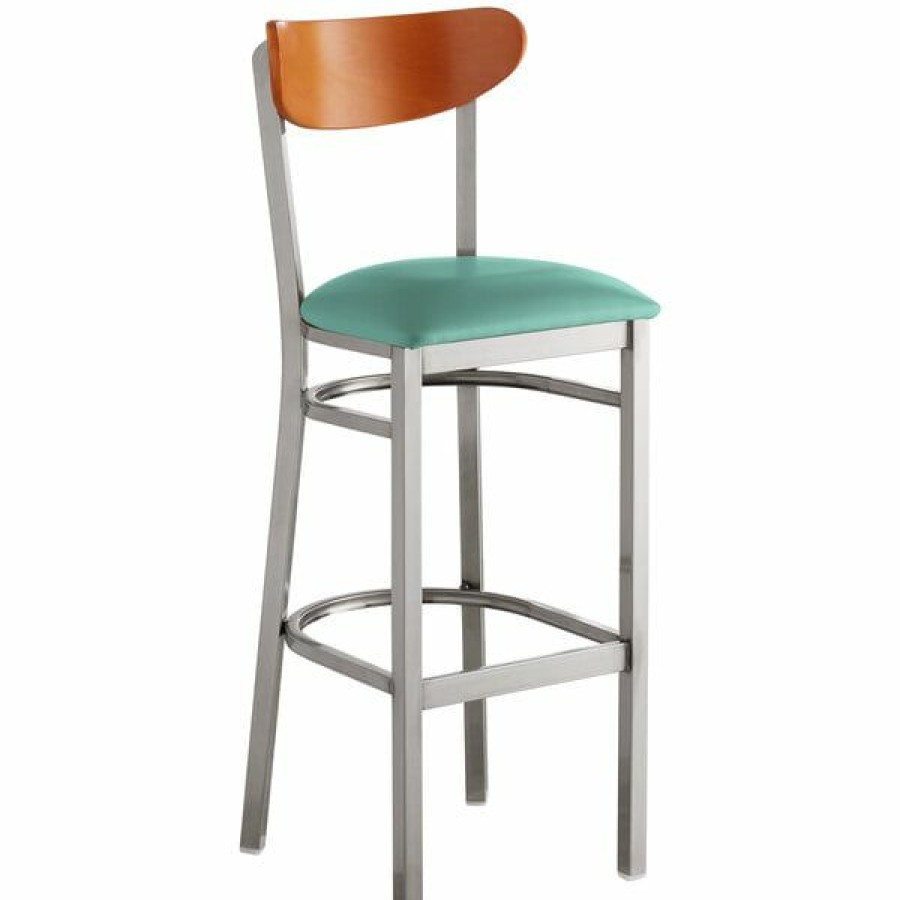 Restaurant Bar Stools * | Flash Sale Lt&S Boomerang Series Lancaster Table & Seating Boomerang Bar Height Clear Coat Chair With Seafoam Vinyl Seat And Cherry Back