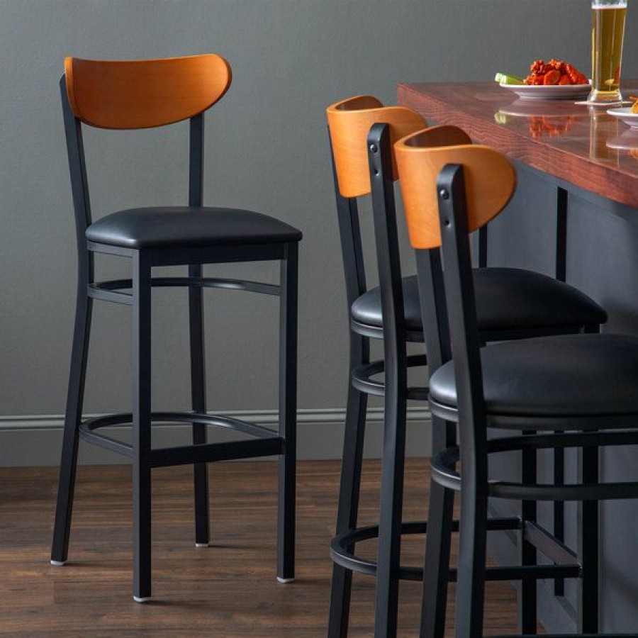 Restaurant Bar Stools * | Buy Lt&S Boomerang Series Lancaster Table & Seating Boomerang Bar Height Black Chair With Black Vinyl Seat And Cherry Back