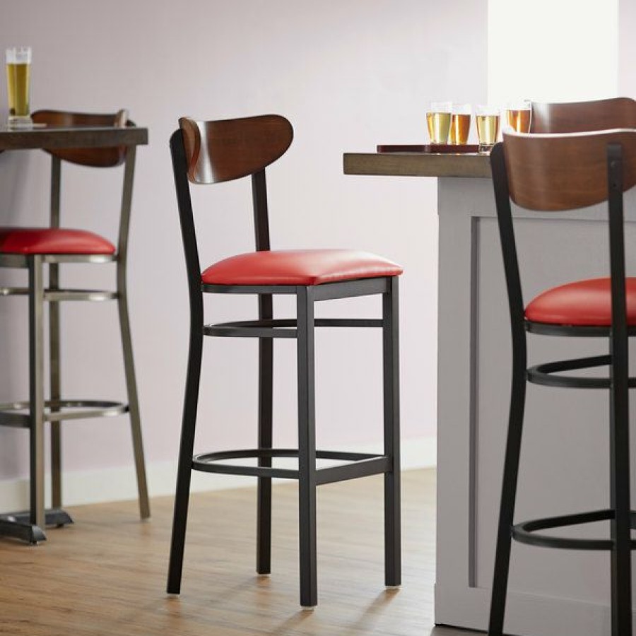 Restaurant Bar Stools * | Discount Lt&S Boomerang Series Lancaster Table & Seating Boomerang Bar Height Black Chair With Red Vinyl Seat And Antique Walnut Back