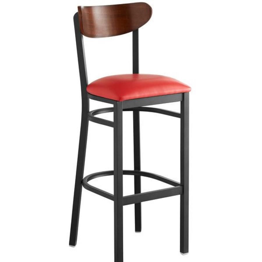 Restaurant Bar Stools * | Discount Lt&S Boomerang Series Lancaster Table & Seating Boomerang Bar Height Black Chair With Red Vinyl Seat And Antique Walnut Back