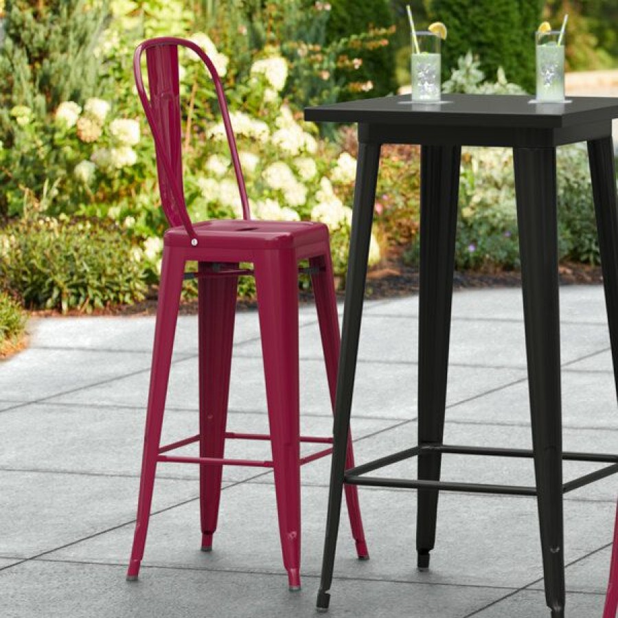 Outdoor Restaurant Bar Stools * | Budget Lt&S Alloy Series Lancaster Table & Seating Alloy Series Sangria Metal Indoor / Outdoor Industrial Cafe Barstool With Vertical Slat Back And Drain Hole Seat