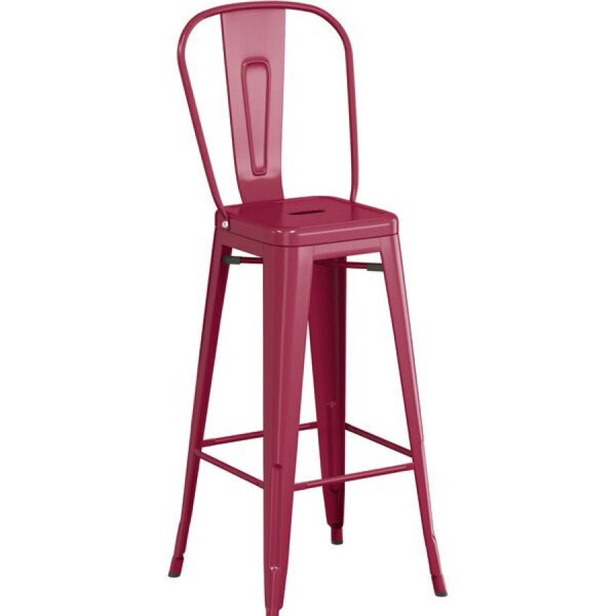 Outdoor Restaurant Bar Stools * | Budget Lt&S Alloy Series Lancaster Table & Seating Alloy Series Sangria Metal Indoor / Outdoor Industrial Cafe Barstool With Vertical Slat Back And Drain Hole Seat