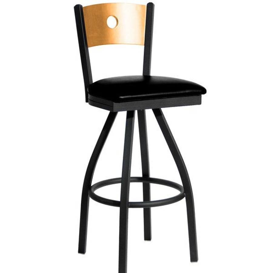 Restaurant Bar Stools * | Discount Bfm Seating 2152Sblv-Ntsb Darby Sand Black Metal Bar Height Chair With Natural Wooden Back And 2 Black Vinyl Swivel Seat