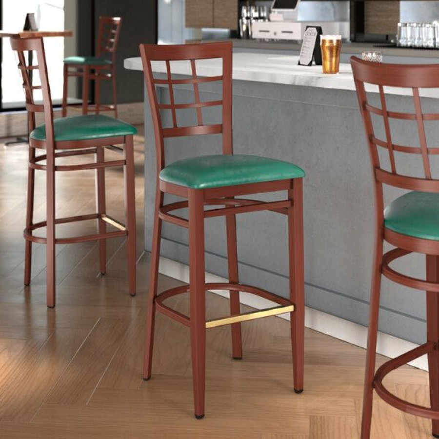 Restaurant Bar Stools * | Best Pirce Lt&S Spartan Series Lancaster Table & Seating Spartan Series Bar Height Metal Window Back Chair With Mahogany Wood Grain Finish And Green Vinyl Seat