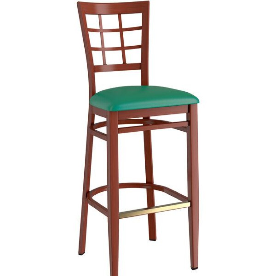 Restaurant Bar Stools * | Best Pirce Lt&S Spartan Series Lancaster Table & Seating Spartan Series Bar Height Metal Window Back Chair With Mahogany Wood Grain Finish And Green Vinyl Seat