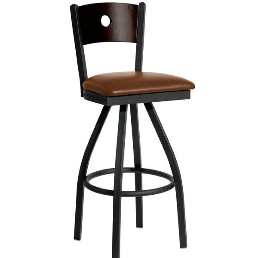 Restaurant Bar Stools * | Best Pirce Bfm Seating 2152Slbv-Wasb Darby Sand Black Metal Bar Height Chair With Walnut Wooden Back And 2 Light Brown Vinyl Swivel Seat