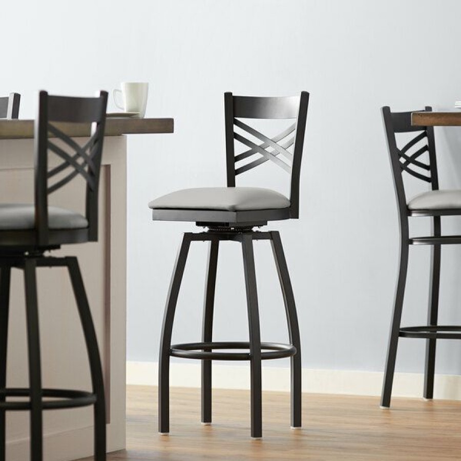 Restaurant Bar Stools * | Outlet Lancaster Table & Seating Black Cross Back Swivel Bar Height Chair With Light Gray Padded Seat