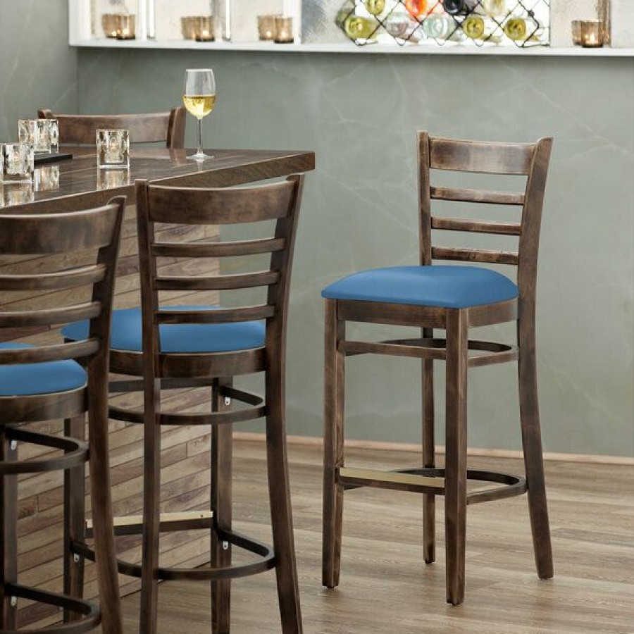 Restaurant Bar Stools * | Top 10 Lancaster Table & Seating Vintage Finish Wooden Ladder Back Bar Height Chair With Blue Padded Seat