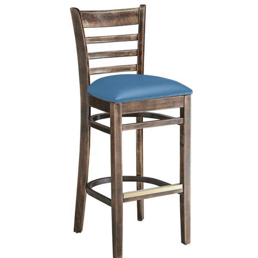 Restaurant Bar Stools * | Top 10 Lancaster Table & Seating Vintage Finish Wooden Ladder Back Bar Height Chair With Blue Padded Seat