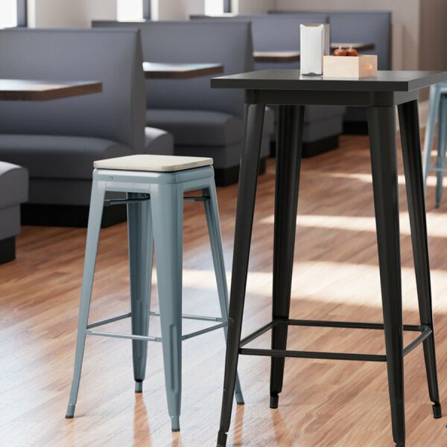 Restaurant Bar Stools * | Cheapest Lt&S Alloy Series Lancaster Table & Seating Alloy Series Charcoal Stackable Metal Indoor Industrial Barstool With Gray Wood Seat