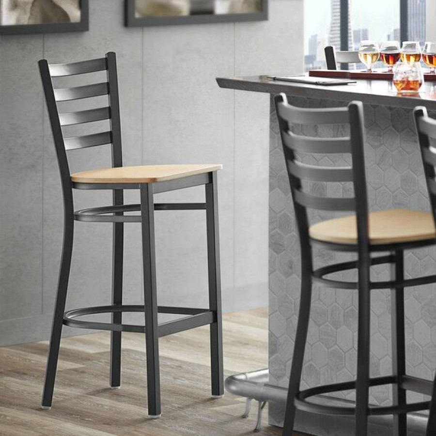 Restaurant Bar Stools * | Hot Sale Lancaster Table & Seating Black Frame Ladder Back Bar Height Chair With Natural Wood Seat