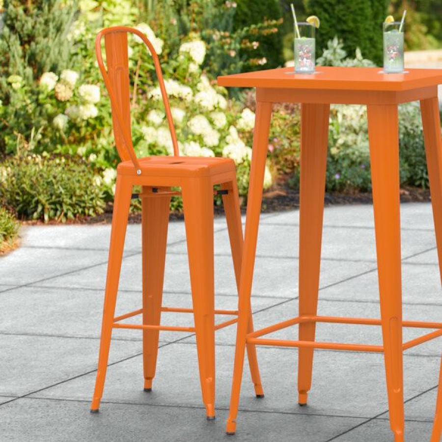 Outdoor Restaurant Bar Stools * | Best Reviews Of Lt&S Alloy Series Lancaster Table & Seating Alloy Series Orange Metal Indoor / Outdoor Industrial Cafe Barstool With Vertical Slat Back And Drain Hole Seat