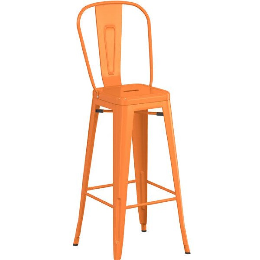 Outdoor Restaurant Bar Stools * | Best Reviews Of Lt&S Alloy Series Lancaster Table & Seating Alloy Series Orange Metal Indoor / Outdoor Industrial Cafe Barstool With Vertical Slat Back And Drain Hole Seat