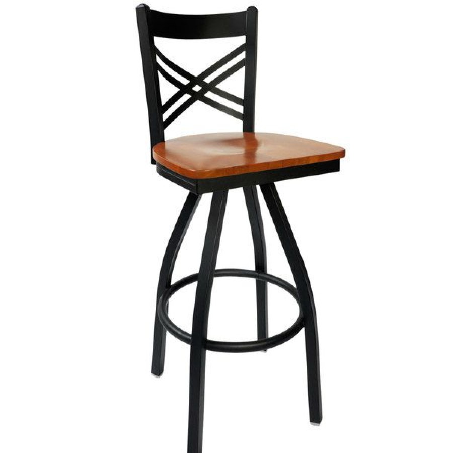 Restaurant Bar Stools * | Hot Sale Bfm Seating 2130Schw-Sb Akrin Metal Barstool With Cherry Wood Swivel Seat