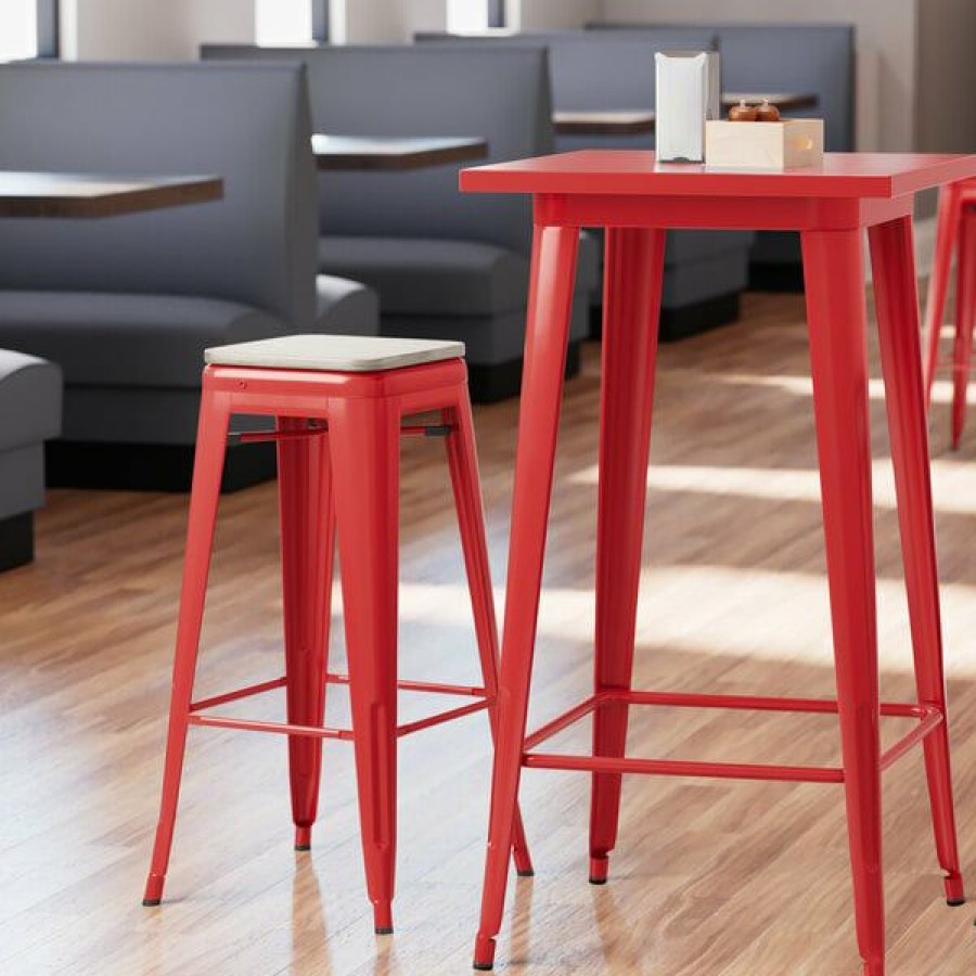 Restaurant Bar Stools * | Wholesale Lt&S Alloy Series Lancaster Table & Seating Alloy Series Red Stackable Metal Indoor Industrial Barstool With Gray Wood Seat