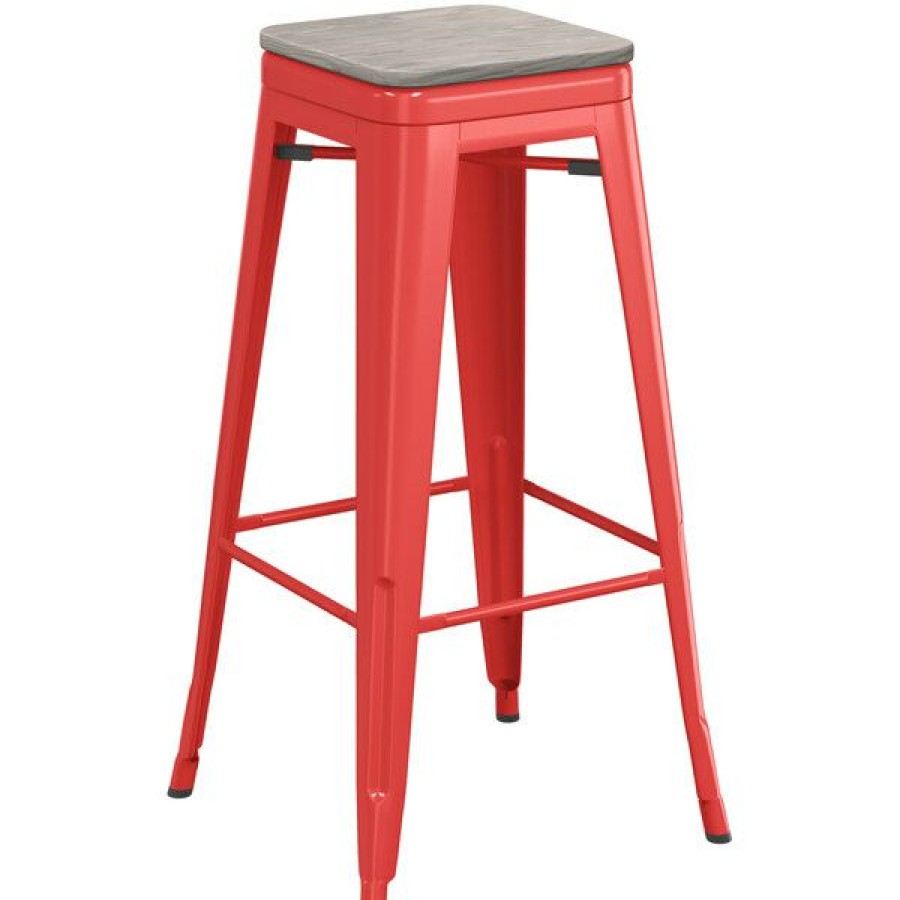 Restaurant Bar Stools * | Wholesale Lt&S Alloy Series Lancaster Table & Seating Alloy Series Red Stackable Metal Indoor Industrial Barstool With Gray Wood Seat