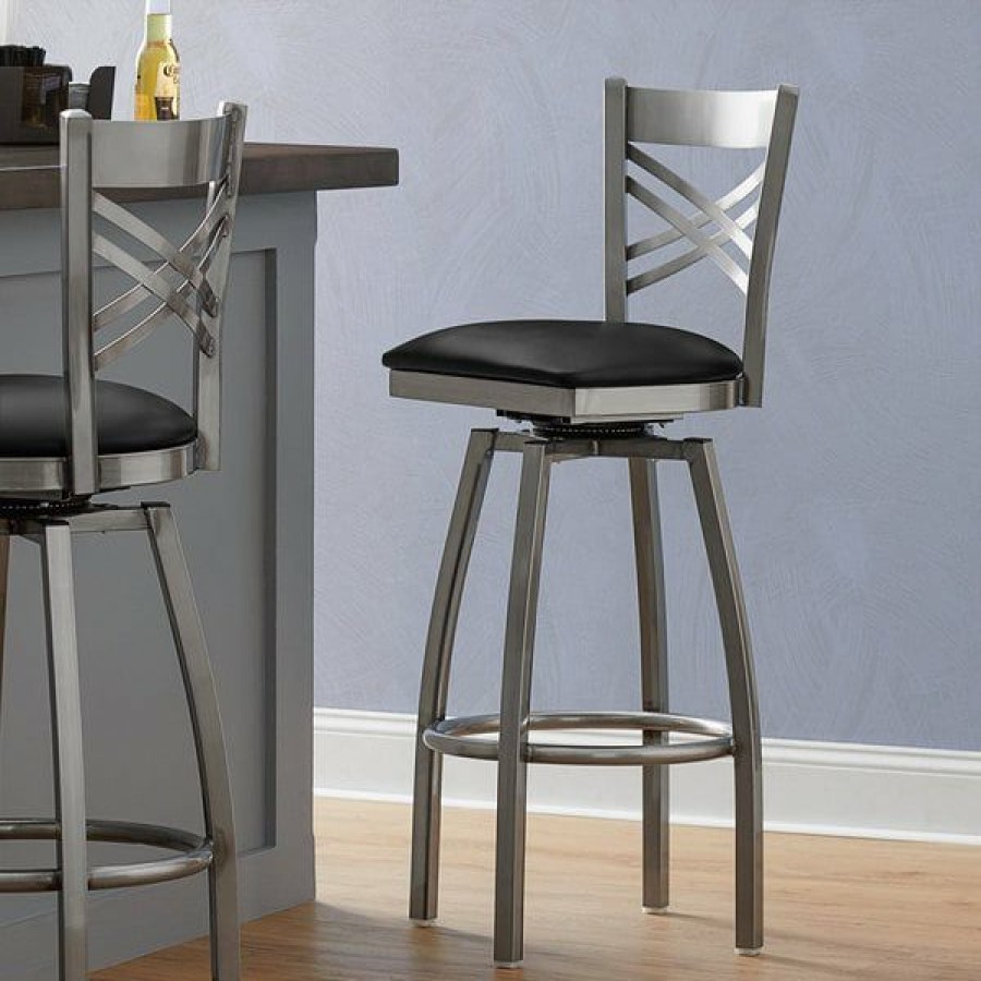 Restaurant Bar Stools * | New Lancaster Table & Seating Cross Back Bar Height Clear Coat Swivel Chair With Black Vinyl Seat