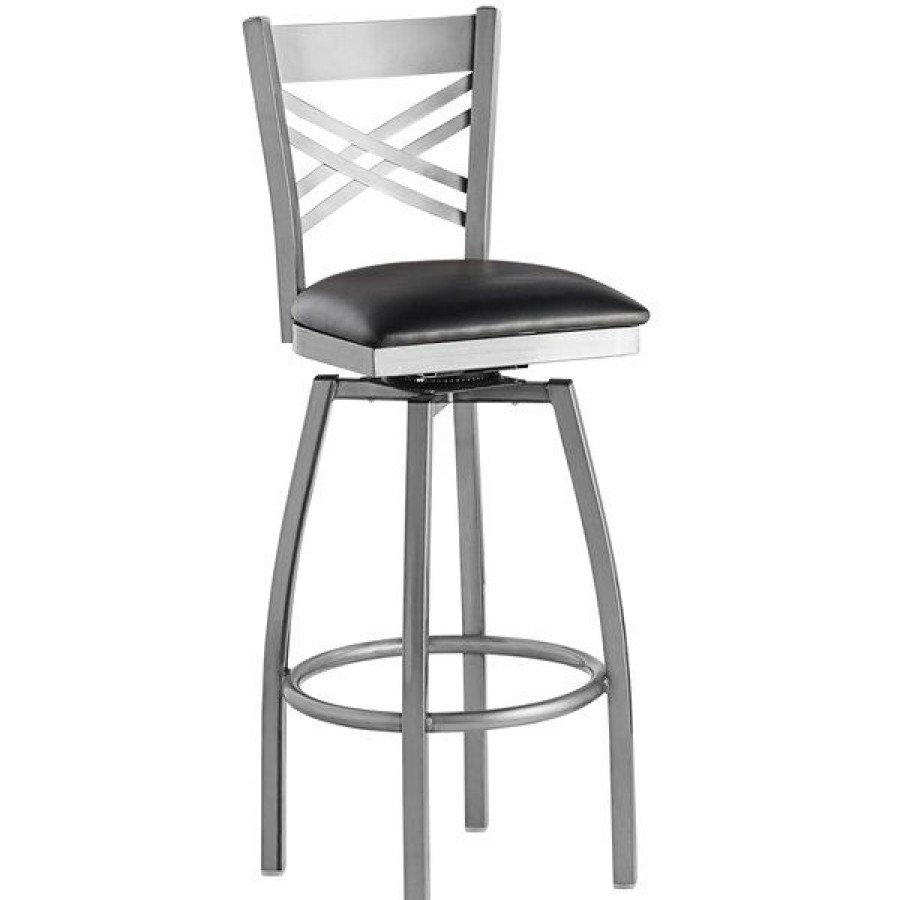 Restaurant Bar Stools * | New Lancaster Table & Seating Cross Back Bar Height Clear Coat Swivel Chair With Black Vinyl Seat