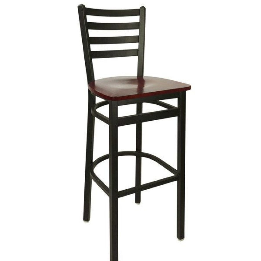 Restaurant Bar Stools * | Flash Sale Bfm Seating 2160Bmhw-Sb Lima Metal Ladder Back Barstool With Mahogany Wooden Seat