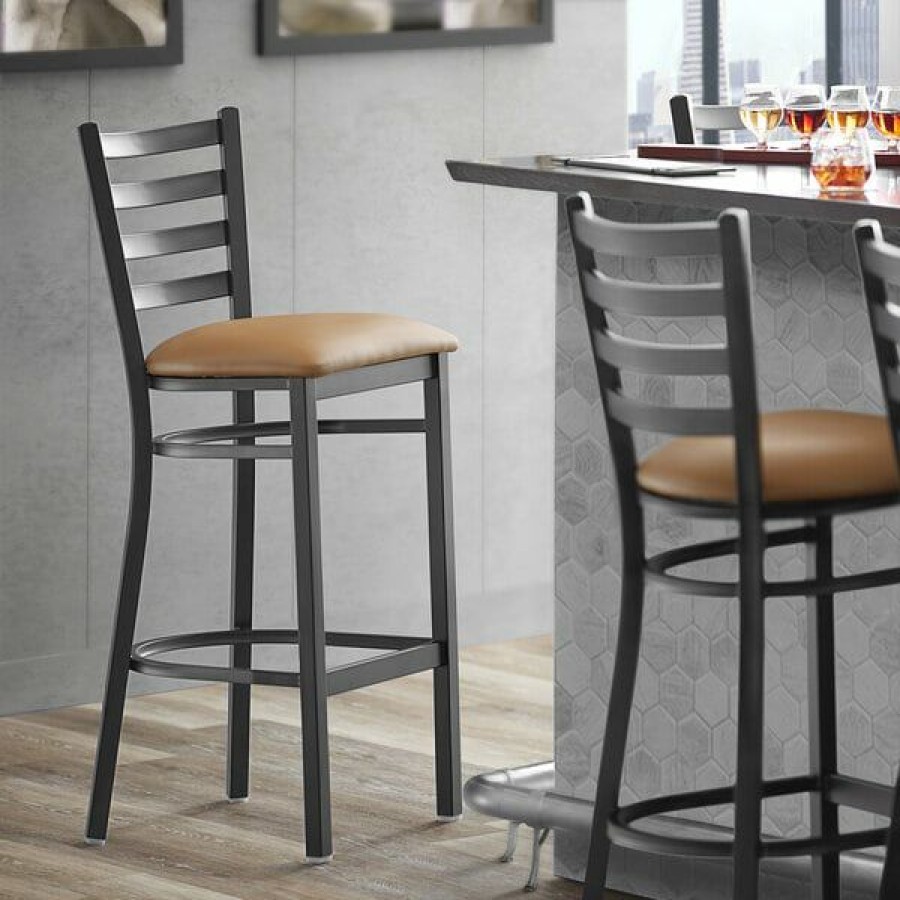 Restaurant Bar Stools * | Budget Lancaster Table & Seating Black Frame Ladder Back Bar Height Chair With Light Brown Padded Seat