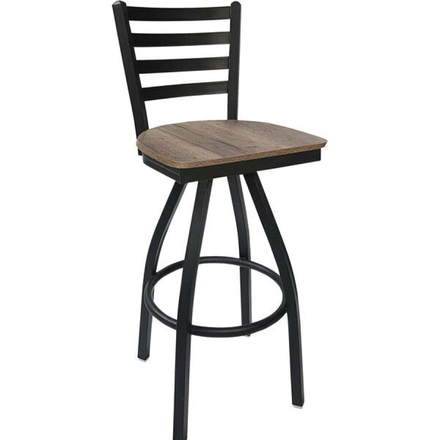 Restaurant Bar Stools * | Cheap Bfm Seating Lima Sand Black Steel Swivel Barstool With Relic Knotty Pine Seat