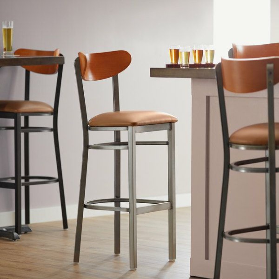 Restaurant Bar Stools * | Cheapest Lt&S Boomerang Series Lancaster Table & Seating Boomerang Bar Height Clear Coat Chair With Light Brown Vinyl Seat And Cherry Back