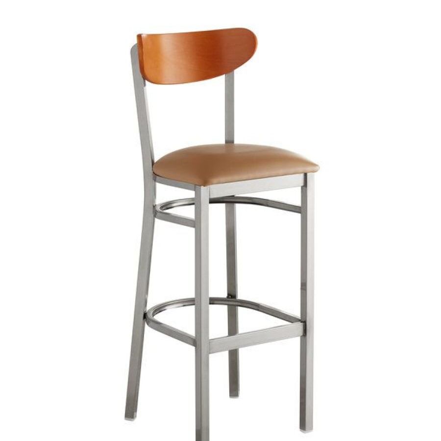 Restaurant Bar Stools * | Cheapest Lt&S Boomerang Series Lancaster Table & Seating Boomerang Bar Height Clear Coat Chair With Light Brown Vinyl Seat And Cherry Back