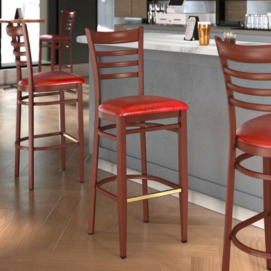 Restaurant Bar Stools * | Best Sale Lt&S Spartan Series Lancaster Table & Seating Spartan Series Bar Height Metal Ladder Back Chair With Mahogany Wood Grain Finish And Red Vinyl Seat