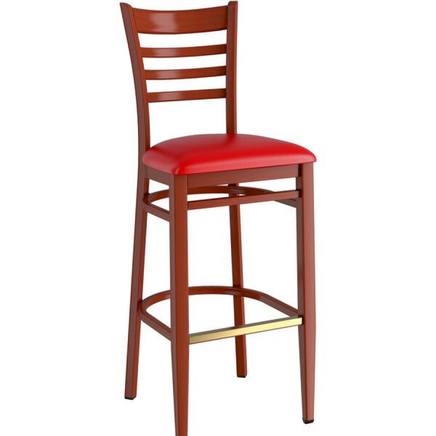 Restaurant Bar Stools * | Best Sale Lt&S Spartan Series Lancaster Table & Seating Spartan Series Bar Height Metal Ladder Back Chair With Mahogany Wood Grain Finish And Red Vinyl Seat