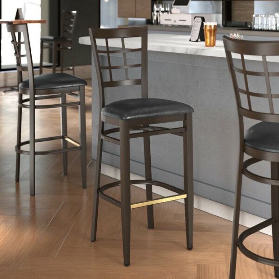 Restaurant Bar Stools * | Budget Lt&S Spartan Series Lancaster Table & Seating Spartan Series Bar Height Metal Window Back Chair With Walnut Wood Grain Finish And Black Vinyl Seat