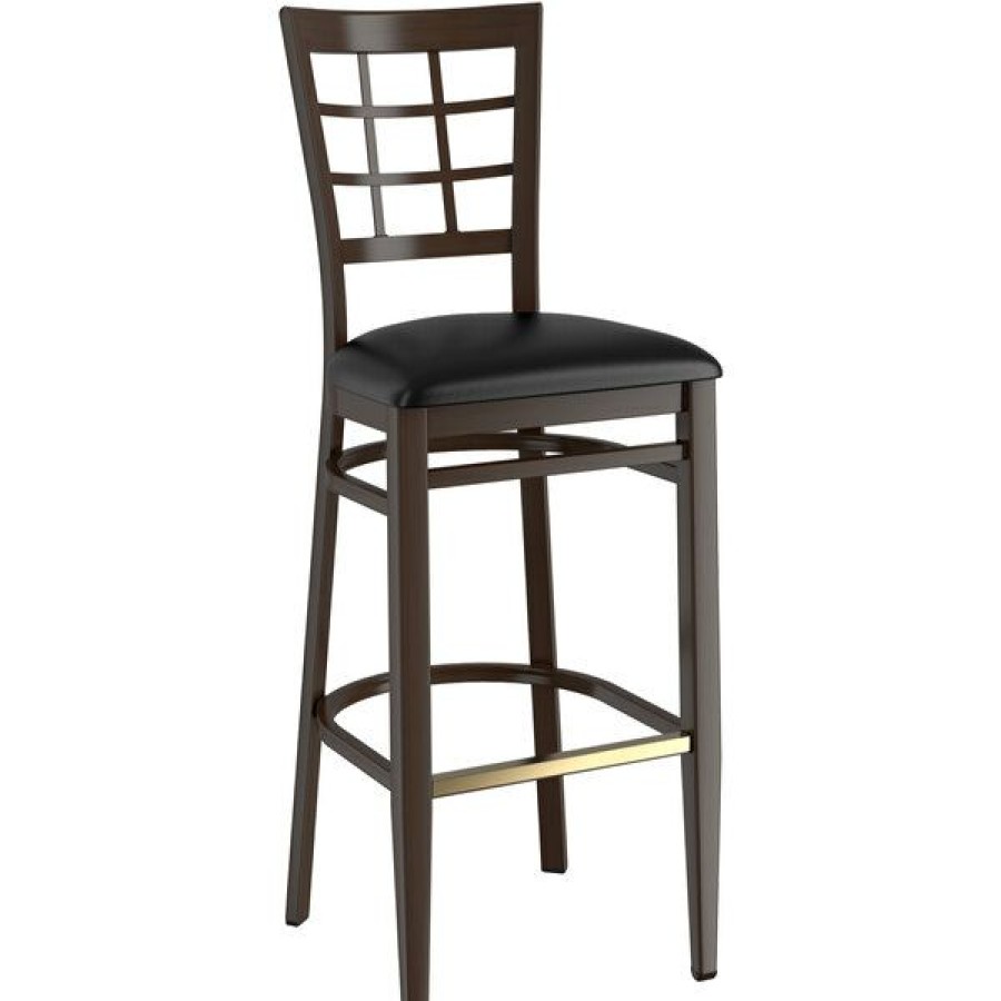 Restaurant Bar Stools * | Budget Lt&S Spartan Series Lancaster Table & Seating Spartan Series Bar Height Metal Window Back Chair With Walnut Wood Grain Finish And Black Vinyl Seat