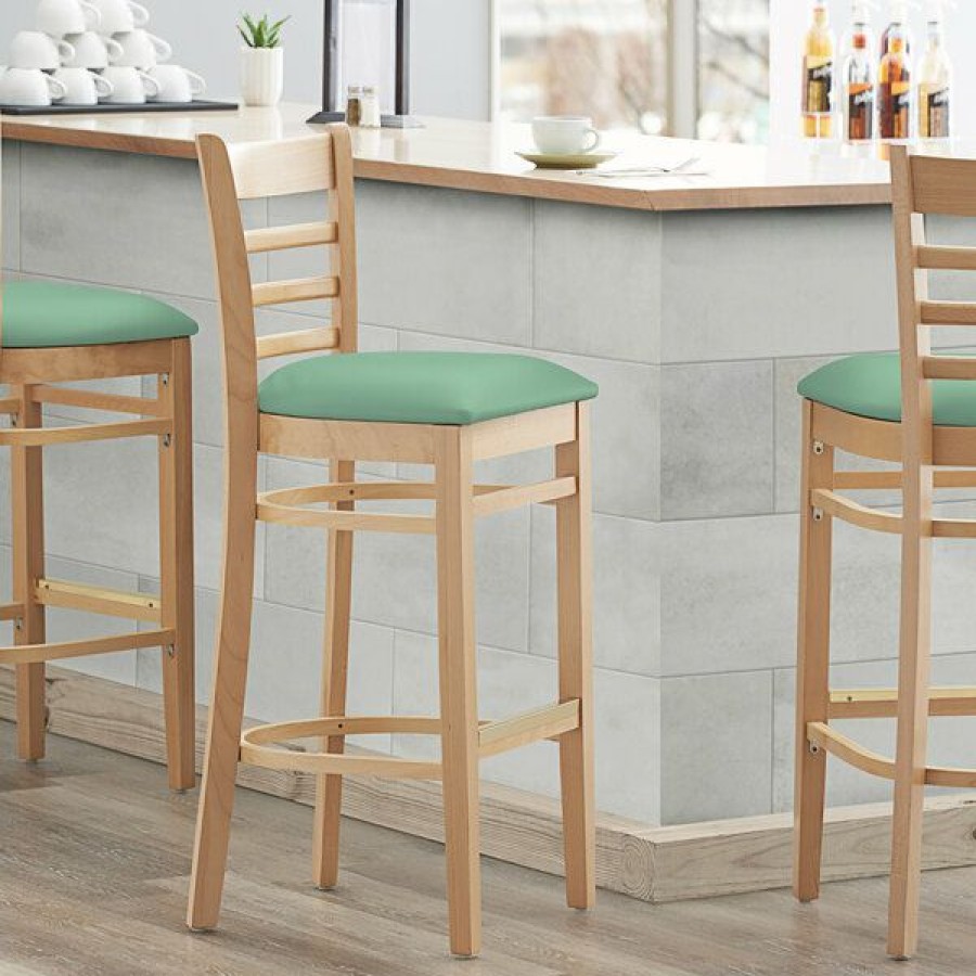 Restaurant Bar Stools * | Flash Sale Lancaster Table & Seating Natural Finish Wooden Ladder Back Bar Height Chair With Seafoam Padded Seat