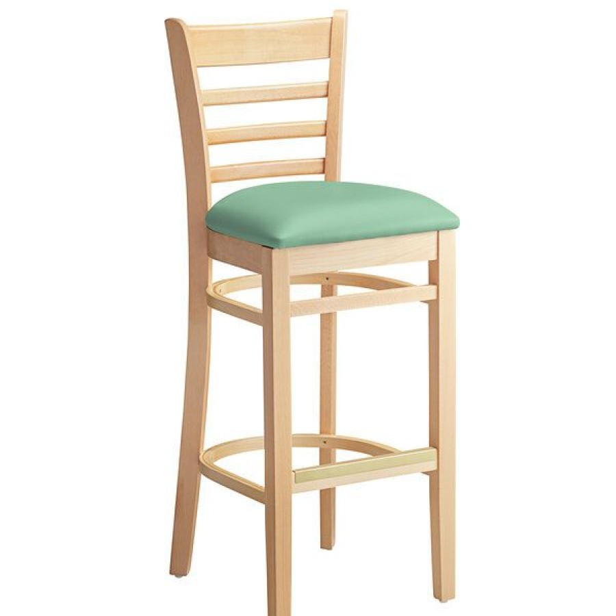 Restaurant Bar Stools * | Flash Sale Lancaster Table & Seating Natural Finish Wooden Ladder Back Bar Height Chair With Seafoam Padded Seat