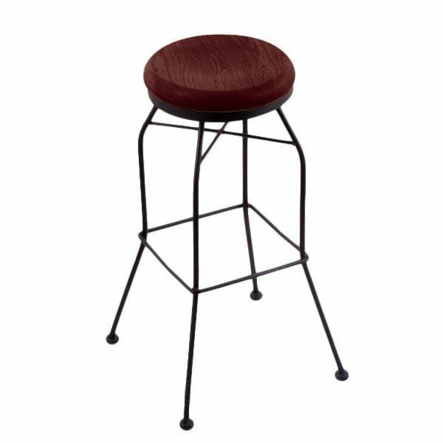 Restaurant Bar Stools * | New Holland Bar Stool 302030Bwdcmpl Black Wrinkle Steel Bar Height Swivel Stool With Dark Cherry Maple Wood Seat