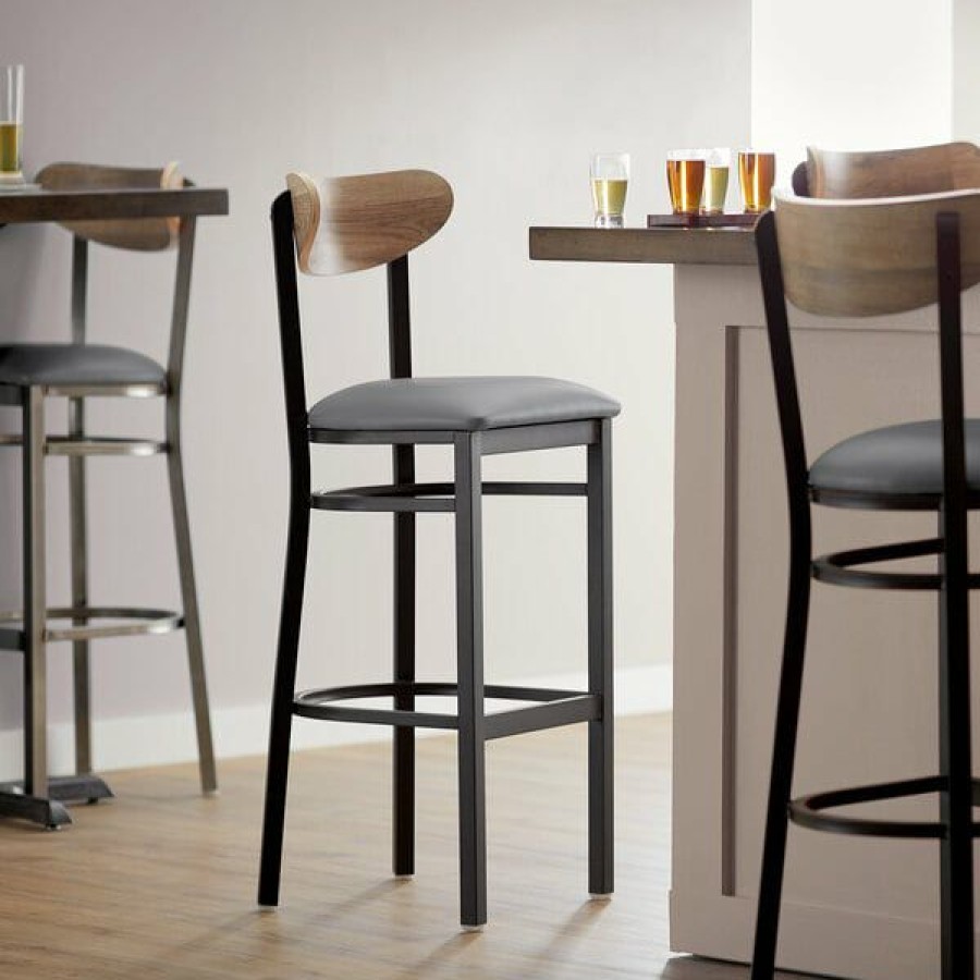 Restaurant Bar Stools * | Budget Lt&S Boomerang Series Lancaster Table & Seating Boomerang Bar Height Black Chair With Dark Gray Vinyl Seat And Driftwood Back