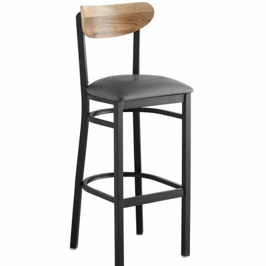 Restaurant Bar Stools * | Budget Lt&S Boomerang Series Lancaster Table & Seating Boomerang Bar Height Black Chair With Dark Gray Vinyl Seat And Driftwood Back