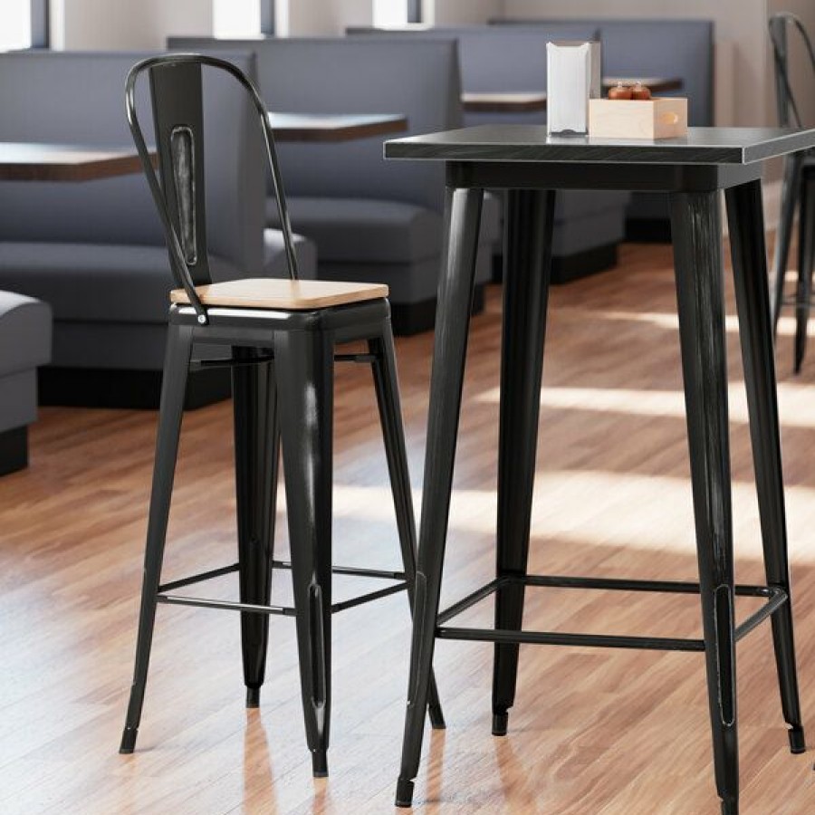 Restaurant Bar Stools * | New Lt&S Alloy Series Lancaster Table & Seating Alloy Series Distressed Black Metal Indoor Industrial Cafe Bar Height Stool With Vertical Slat Back And Natural Wood Seat