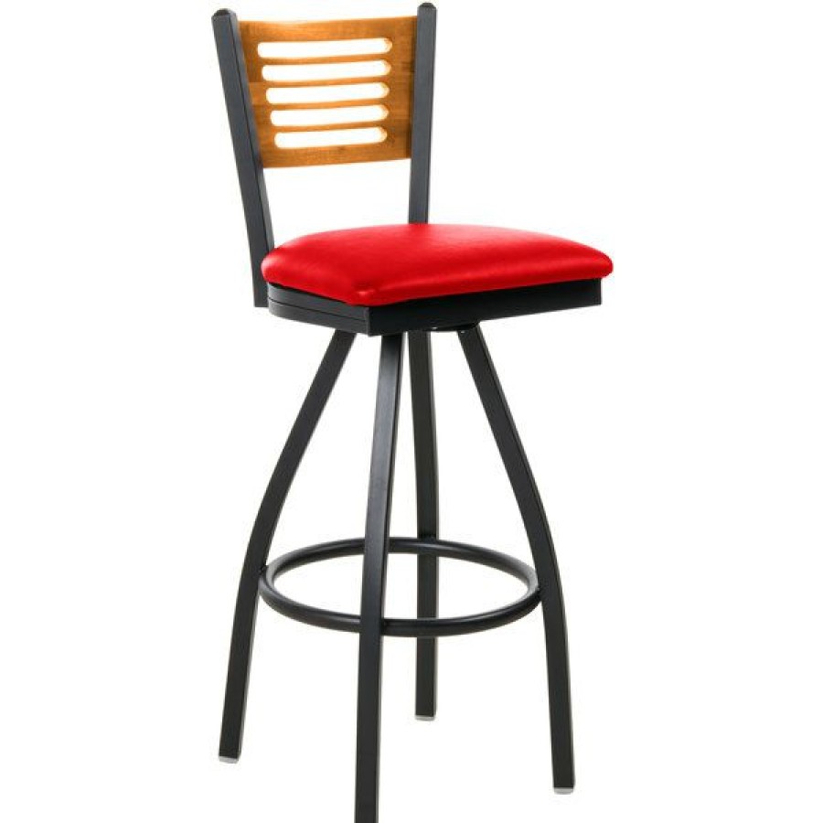 Restaurant Bar Stools * | Best Reviews Of Bfm Seating 2151Srdv-Ntsb Espy Sand Black Metal Bar Height Chair With Natural Wooden Back And 2 Red Vinyl Swivel Seat