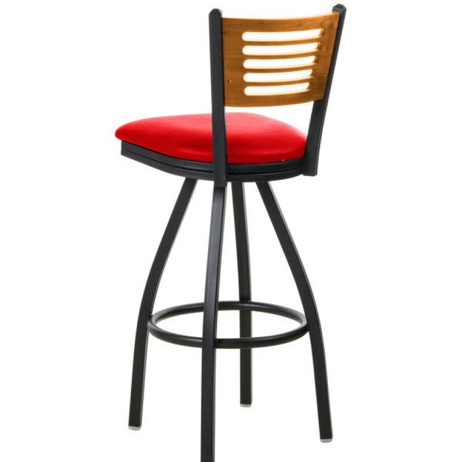 Restaurant Bar Stools * | Best Reviews Of Bfm Seating 2151Srdv-Ntsb Espy Sand Black Metal Bar Height Chair With Natural Wooden Back And 2 Red Vinyl Swivel Seat