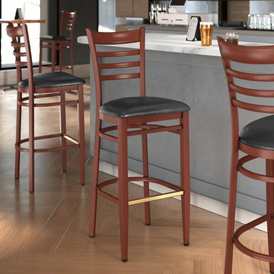 Restaurant Bar Stools * | Best Reviews Of Lt&S Spartan Series Lancaster Table & Seating Spartan Series Bar Height Metal Ladder Back Chair With Mahogany Wood Grain Finish And Black Vinyl Seat