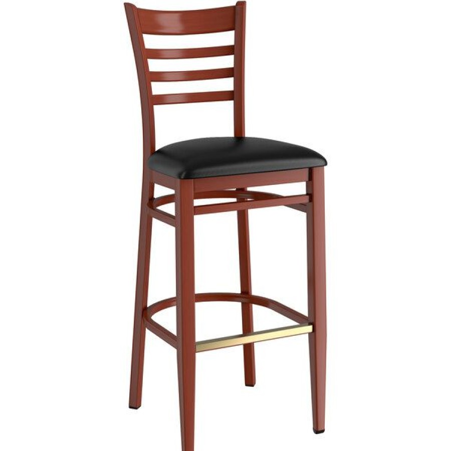 Restaurant Bar Stools * | Best Reviews Of Lt&S Spartan Series Lancaster Table & Seating Spartan Series Bar Height Metal Ladder Back Chair With Mahogany Wood Grain Finish And Black Vinyl Seat