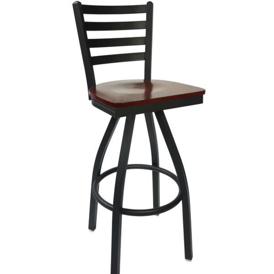 Restaurant Bar Stools * | Wholesale Bfm Seating 2160Smhw-Sb Lima Sand Black Steel Bar Height Chair With Mahogany Wood Swivel Seat