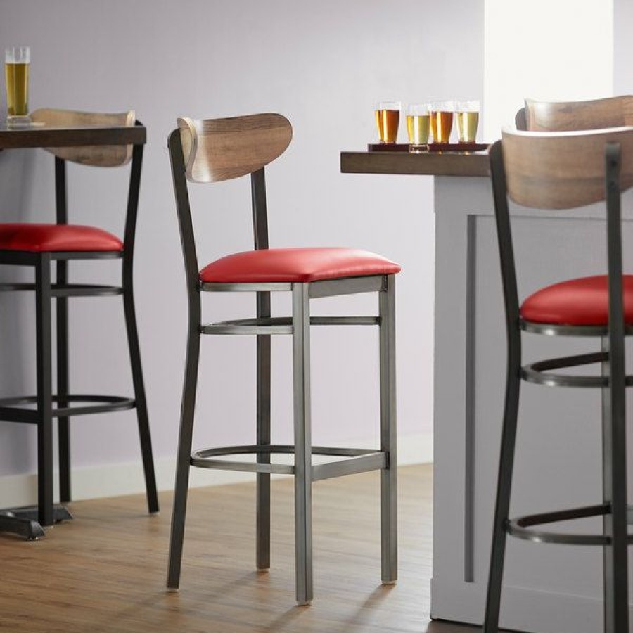 Restaurant Bar Stools * | Flash Sale Lt&S Boomerang Series Lancaster Table & Seating Boomerang Bar Height Clear Coat Chair With Red Vinyl Seat And Driftwood Back