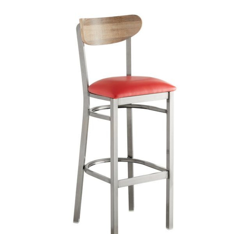 Restaurant Bar Stools * | Flash Sale Lt&S Boomerang Series Lancaster Table & Seating Boomerang Bar Height Clear Coat Chair With Red Vinyl Seat And Driftwood Back