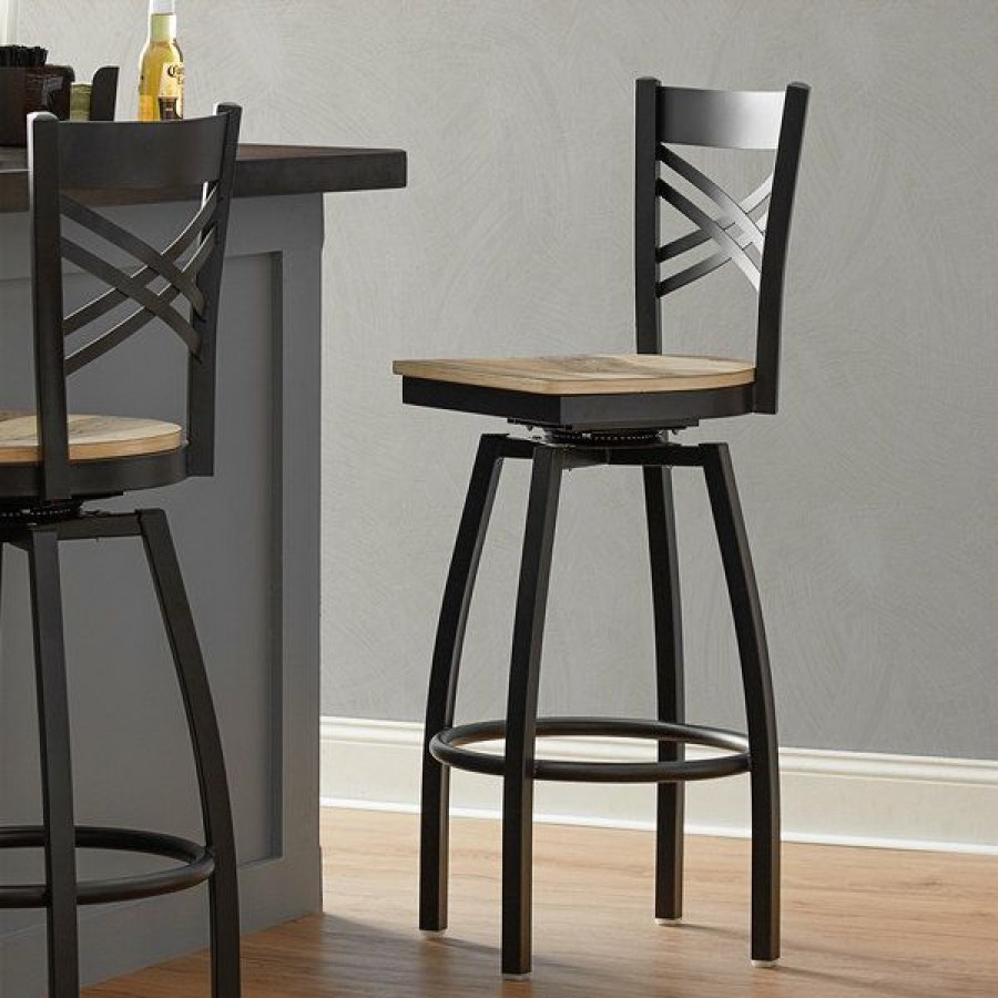 Restaurant Bar Stools * | Cheapest Lancaster Table & Seating Cross Back Bar Height Black Swivel Chair With Driftwood Seat