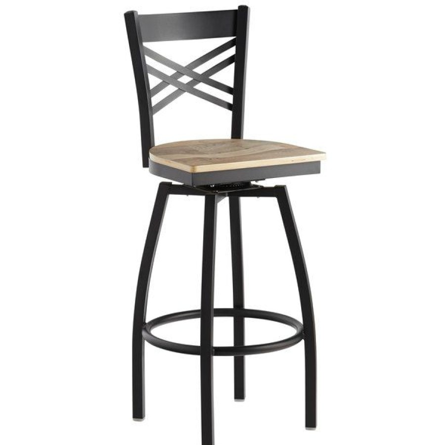 Restaurant Bar Stools * | Cheapest Lancaster Table & Seating Cross Back Bar Height Black Swivel Chair With Driftwood Seat