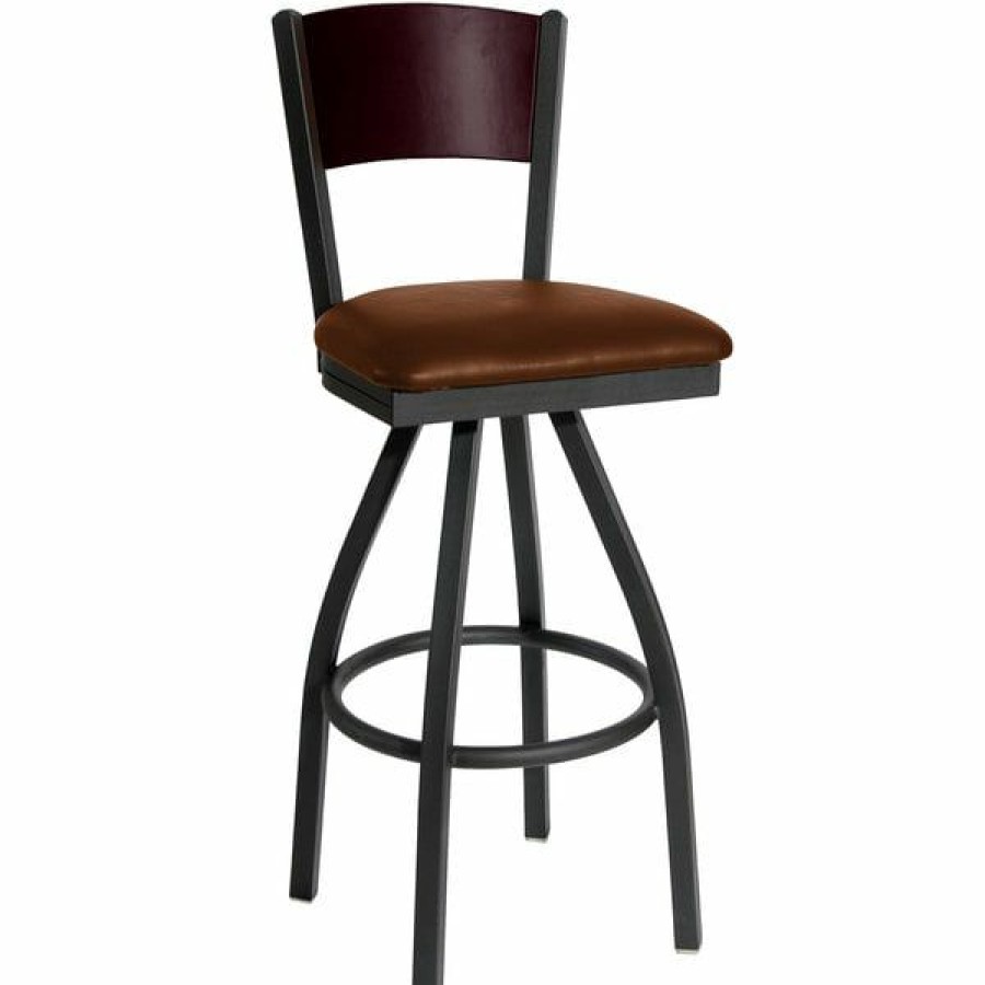 Restaurant Bar Stools * | Deals Bfm Seating 2150Slbv-Mhsb Dale Sand Black Metal Swivel Bar Height Chair With Mahogany Finish Wooden Back And 2 Light Brown Vinyl Seat