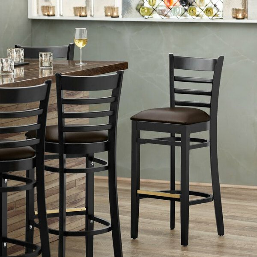 Restaurant Bar Stools * | Wholesale Lancaster Table & Seating Black Ladder Back Bar Height Chair With Dark Brown Padded Seat